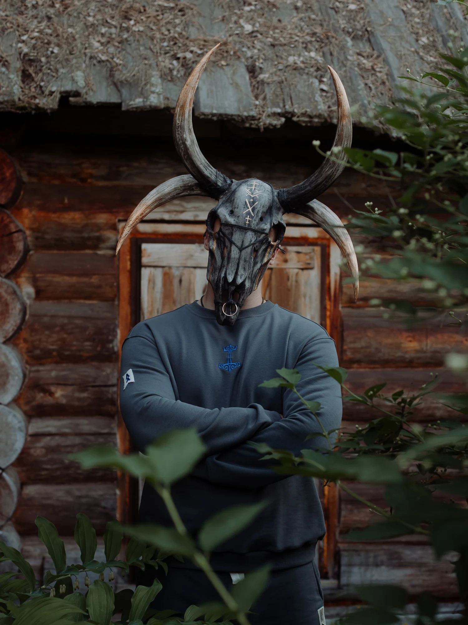 Mjolnir Sweatshirt — masked campaign photograph